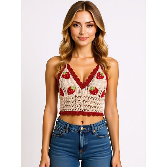 Romwe Tops - NWT Pink Red Strawberry Crotchet Crop Top L 8 10 Festival Going Out Hippie Boho